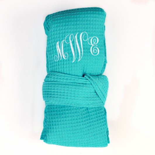 Personalized Bridesmaid Waffle Robe, Turquoise (Front)
