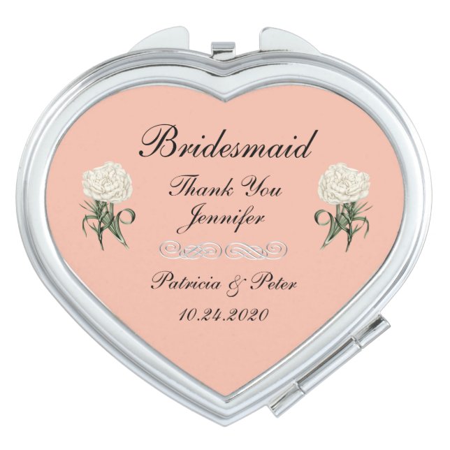 Personalized Bridesmaid White Carnation Compact Mirror (Front)