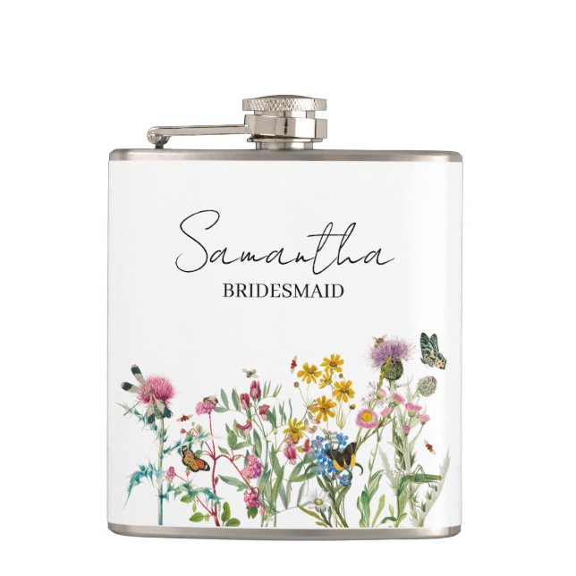 Personalized Bridesmaid Wildflowers Wedding Flask (Front)