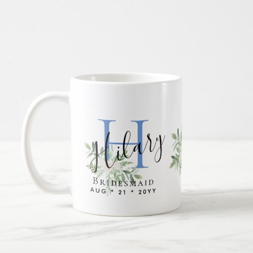 Personalized Bridesmaids Blue Initial Name Floral Coffee Mug