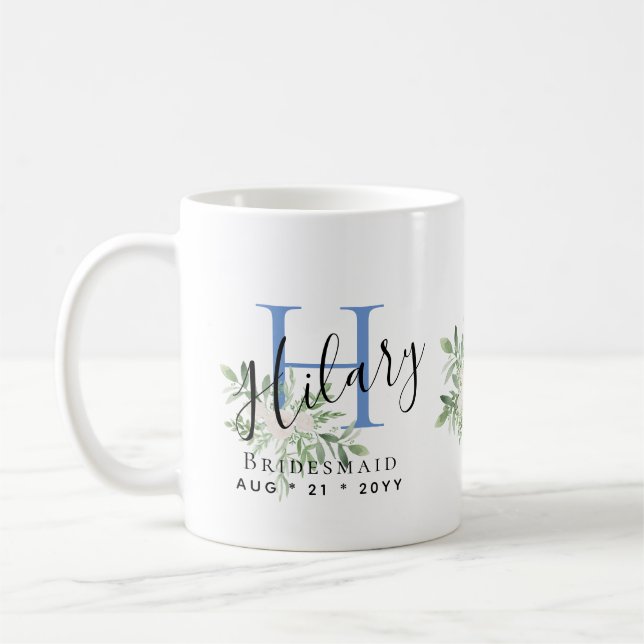 Personalized Bridesmaids Blue Initial Name Floral Coffee Mug (Left)