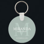 Personalized Bridesmaid's Monogram and Name Keychain<br><div class="desc">Add a personal touch to your wedding with personalized bridesmaid's monogram and name gift. This design features personalized bridesmaid's name with title and wedding date in white and monogram in sage green as background, in classic serif font style, on sage green background. Also perfect for maid of honor, mother of...</div>