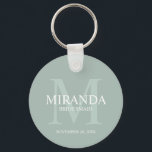 Personalized Bridesmaid's Monogram and Name Keychain<br><div class="desc">Add a personal touch to your wedding with personalized bridesmaid's monogram and name gift. This design features personalized bridesmaid's name with title and wedding date in white and monogram in sage green as background, in classic serif font style, on sage green background. Also perfect for maid of honor, mother of...</div>