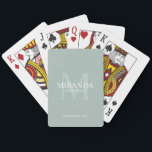 Personalized Bridesmaid's Monogram and Name Poker Cards<br><div class="desc">Add a personal touch to your wedding with personalized bridesmaid's monogram and name gift. This design features personalized bridesmaid's name with title and wedding date in white and monogram in sage green as background, in classic serif font style, on sage green background. Also perfect for maid of honor, mother of...</div>