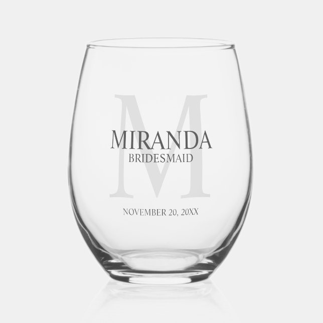 Personalized Bridesmaid's Monogram and Name Stemless Wine Glass (Front)