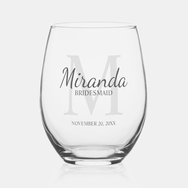 Personalized Bridesmaid's Monogram and Name Stemless Wine Glass (Front)