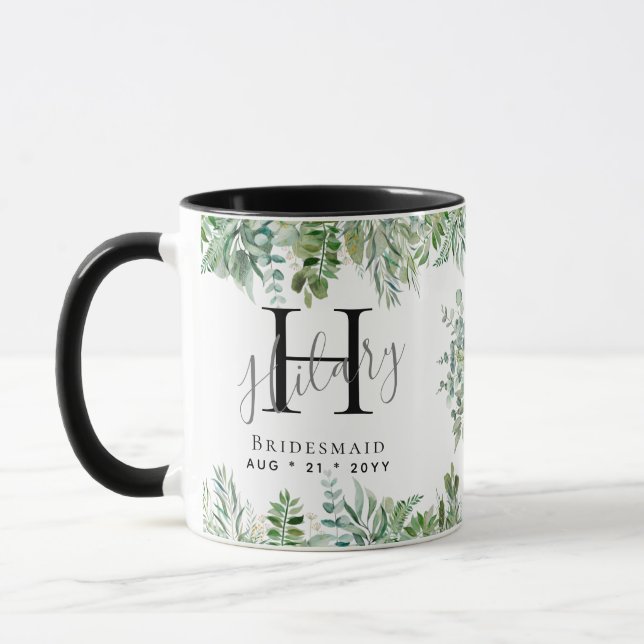 Personalized Bridesmaids Monogram Greenery Wedding Mug (Left)