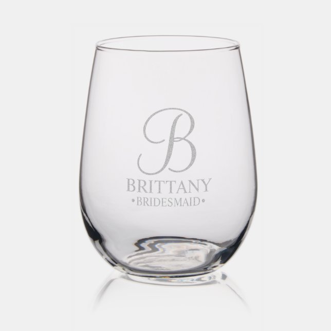 Personalized Bridesmaid's Name and Monogram Stemless Wine Glass (Glassware)