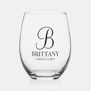 Personalized Bridesmaid's Name and Monogram Stemless Wine Glass