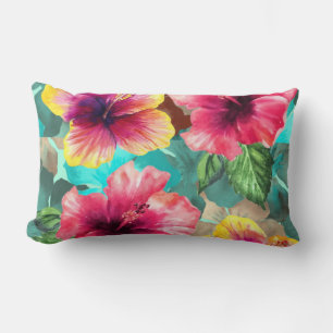 personalized bright and colorful hibiscus floral lumbar pillow