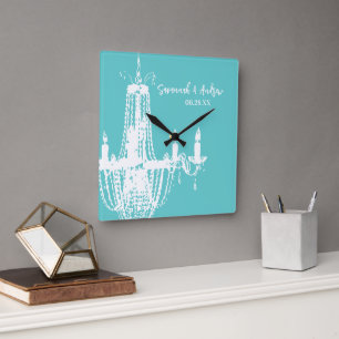 Personalized Bright Aqua Chandelier or Any Color Square Wall Clock