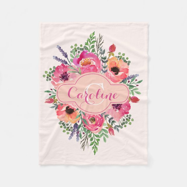 Personalized Bright Blooms - Pink & peach - Fleece Blanket (Front)
