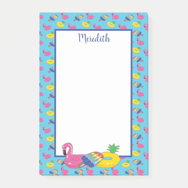 Personalized Bright Blue Pool Floats Patterned Post-it Notes (Front)