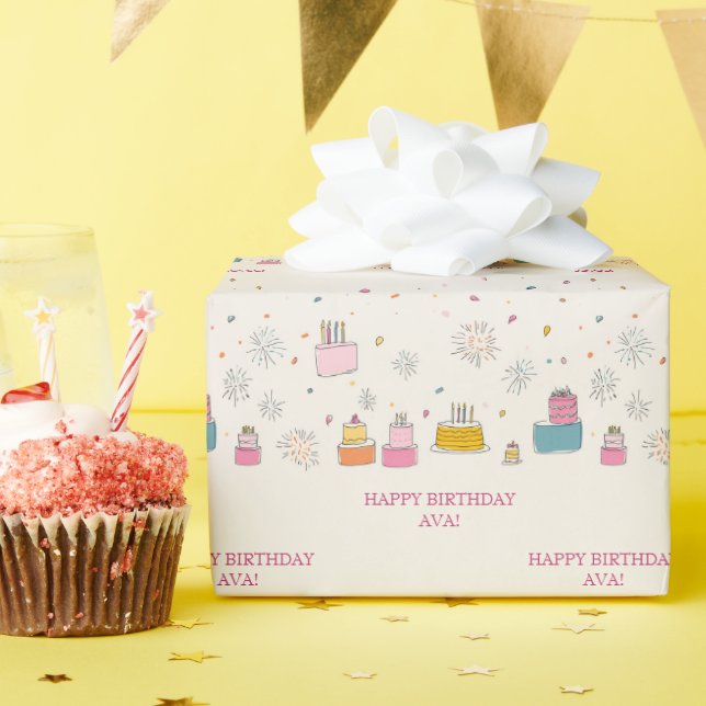 Personalized Bright Cakes W/ Confetti & Fireworks Wrapping Paper (Birthday Party)