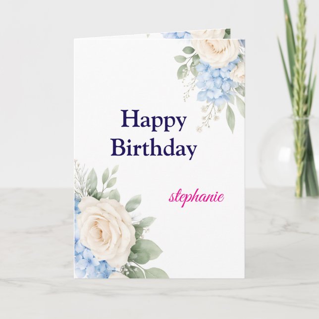 Personalized Bright Colored Pink Roses Birthday Card (Front)