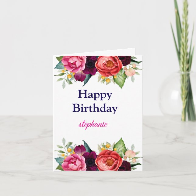 Personalized Bright Colored Pink Roses Birthday Card (Front)