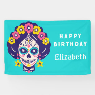 Personalized Bright Floral Sugar Skull Birthday Banner