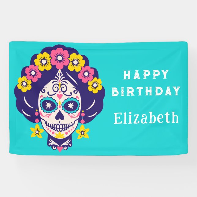 Personalized Bright Floral Sugar Skull Birthday Banner (Horizontal)