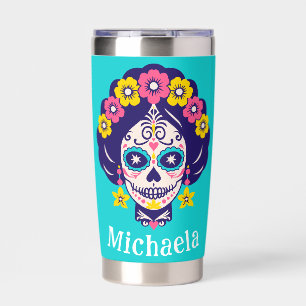 Personalized Bright Floral Sugar Skull Girl   Insulated Tumbler