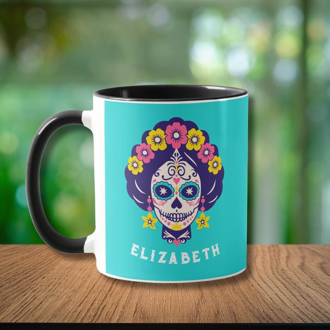 Personalized Bright Floral Sugar Skull Girl   Mug (Creator Uploaded)