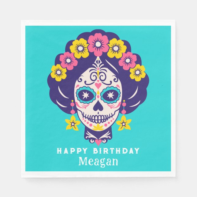 Personalized Bright Floral Sugar Skull Girl Napkins (Front)