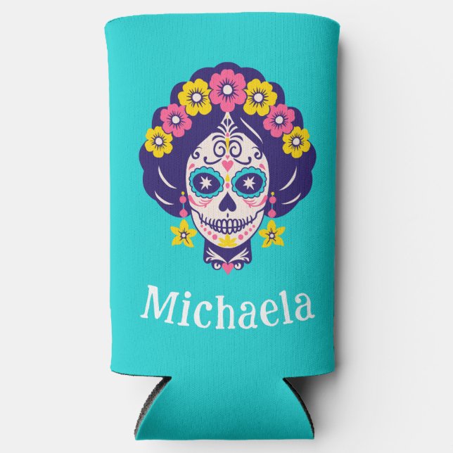 Personalized Bright Floral Sugar Skull Girl   Seltzer Can Cooler (Front)