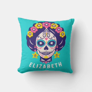 Personalized Bright Floral Sugar Skull Reversible Throw Pillow