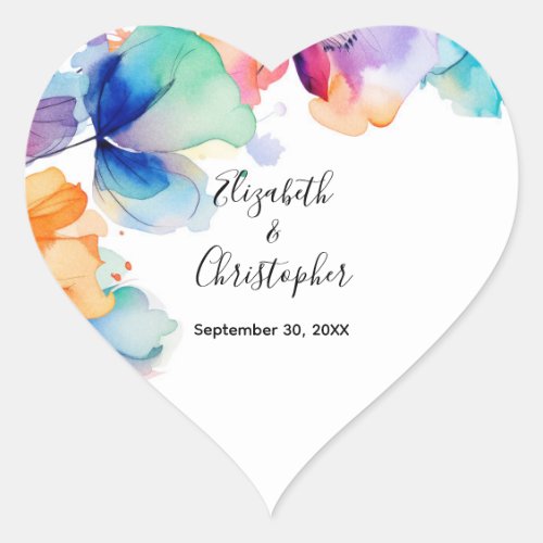 Personalized Bright Floral Watercolor Wedding  Heart Sticker