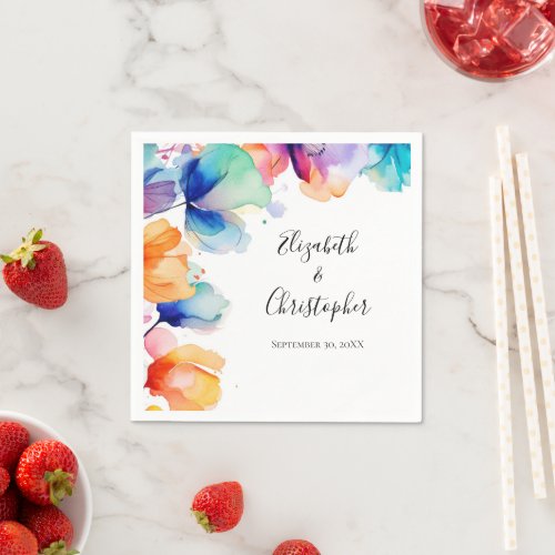 Personalized Bright Floral Watercolor Wedding  Napkins