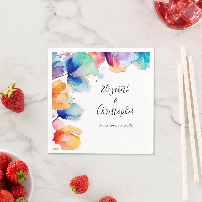 Personalized Bright Floral Watercolor Wedding  Napkins (Insitu)