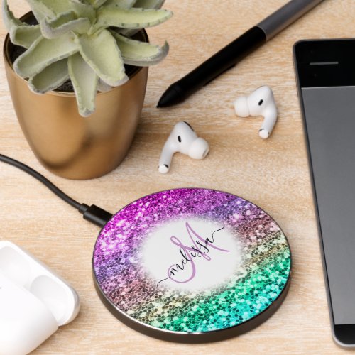 Personalized Bright Glitter Mermaid Monogram Name Wireless Charger