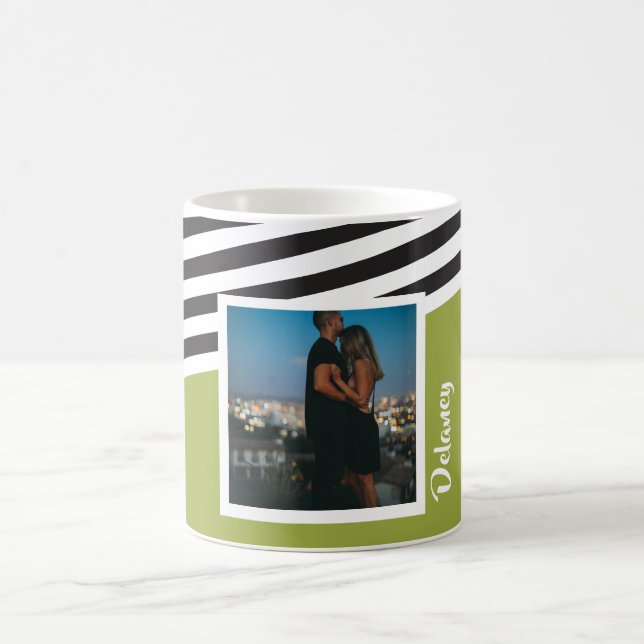 Personalized Bright Green Striped Pattern Photo Coffee Mug (Center)