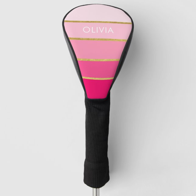 Personalized Bright Hot Pink & Gold Name Golf Head Cover (Front)