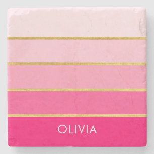 Personalized Bright Pink & Gold Name Stone Coaster