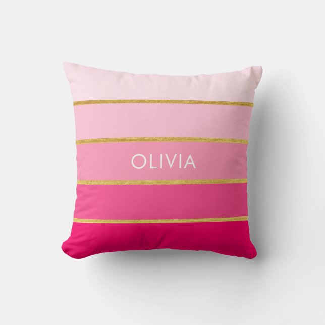 Personalized Bright Pink & Gold Name Throw Pillow (Front)