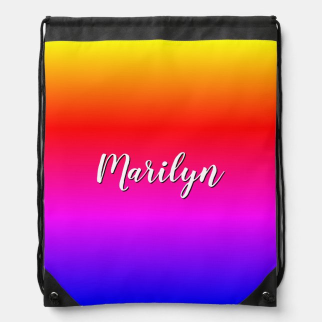 Personalized Bright Rainbow Ombre Drawstring Bag (Front)