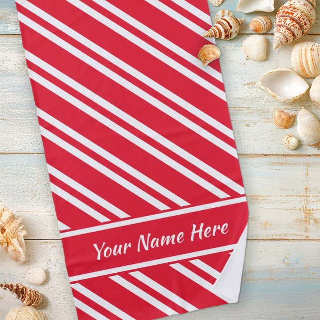 Personalized Bright Red and White Stripes Beach Towel (Creator Uploaded)