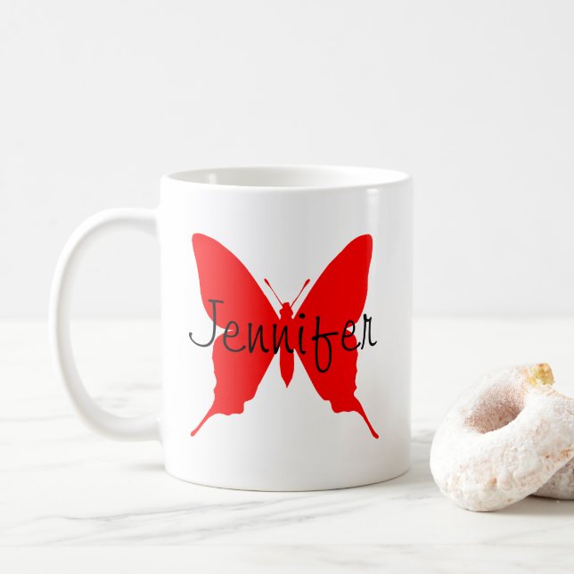 Personalized Bright Red Butterfly Coffee Mug (With Donut)