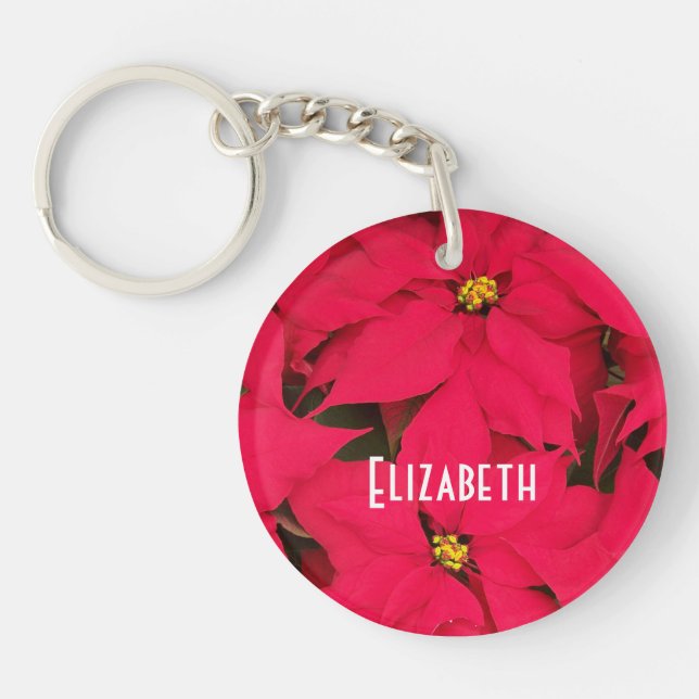 Personalized Bright Red Christmas Poinsettias Keychain (Front)
