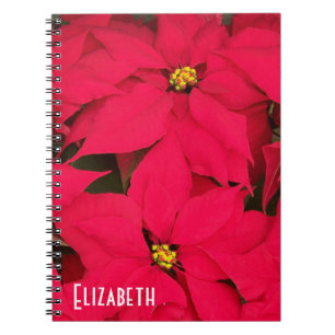 Personalized Bright Red Christmas Poinsettias Notebook