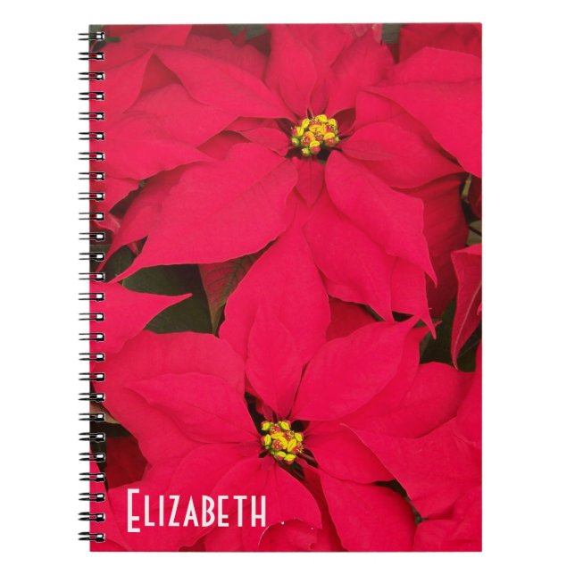 Personalized Bright Red Christmas Poinsettias Notebook (Front)