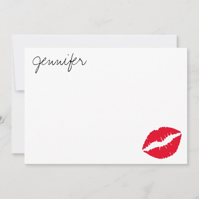 Personalized Bright Red Glam Lipstick Kiss Note Card (Front)