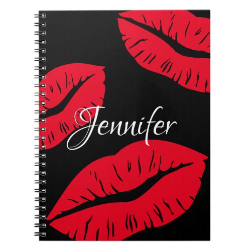 Personalized Bright Red Lips Black Notebook