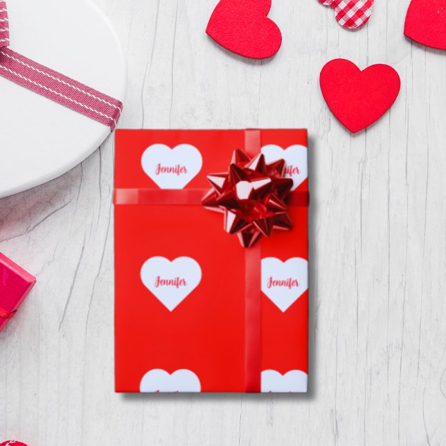 Personalized Bright Red & White Heart Love rustic Wrapping Paper (Creator Uploaded)