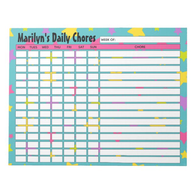 Personalized Bright Stars Daily Chores Chart Notepad (Front)