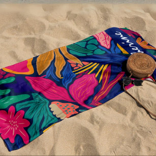 Personalized bright tropical colorful floral  beach towel
