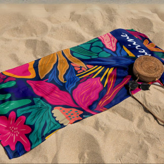 Personalized bright tropical colorful floral beach towel