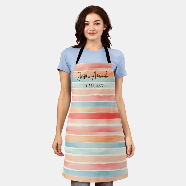 Personalized Bright Watercolor Colorful Stripe Apron (Worn)