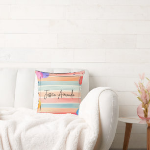 Personalized Bright Watercolor Colorful Stripe Throw Pillow