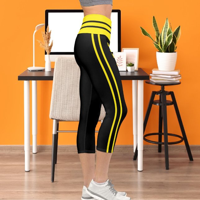 Personalized Bright Yellow Black Stripes Pet Cat Capri Leggings (Creator Uploaded)